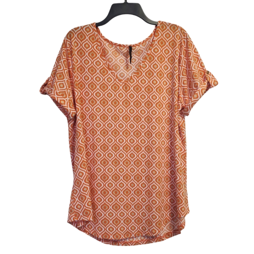 Ashley Blue Geometric Patterned Orange Women's Top Size 1XL